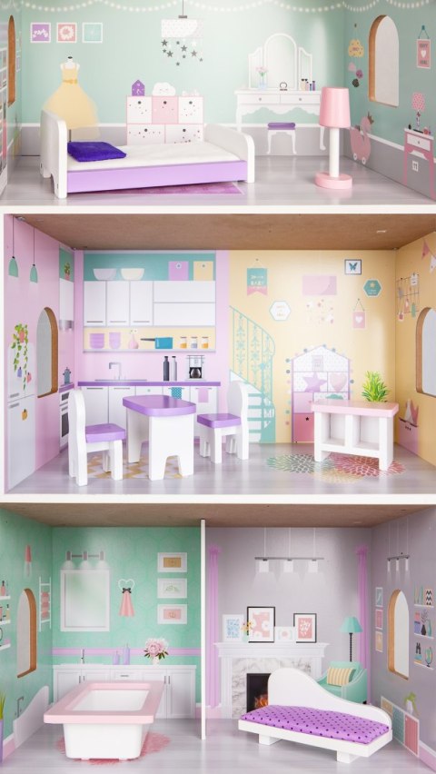 Drewniany domek dla lalek + mebelki wysoka rezydencja Jagodowa ECOTOYS Drewniany domek dla lalek + mebelki wysoka rezydencja Jagodowa ECOTOYS