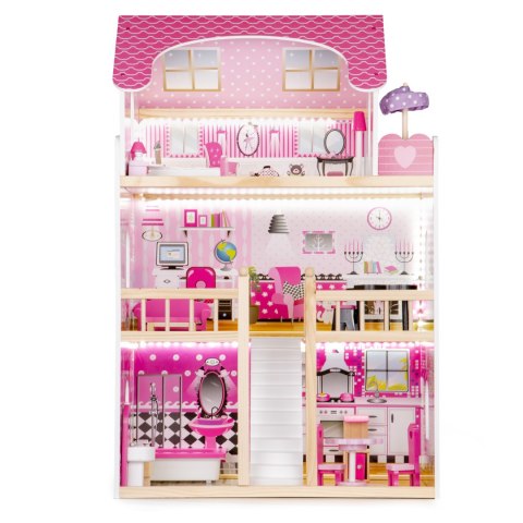 Drewniany domek dla lalek mebelki led ECOTOYS Drewniany domek dla lalek mebelki led ECOTOYS