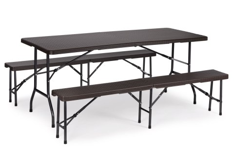 Zestaw cateringowy stół bankietowy 180cm 2 ławki ratan brąz ModernHome Zestaw cateringowy stół bankietowy 180cm 2 ławki ratan brąz ModernHome
