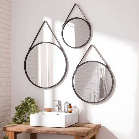 Okrągłe lustro ścienne 60 cm wiszące na pasku nowoczesne czarna rama ModernHome Okrągłe lustro ścienne 60 cm wiszące na pasku nowoczesne czarna rama ModernHome