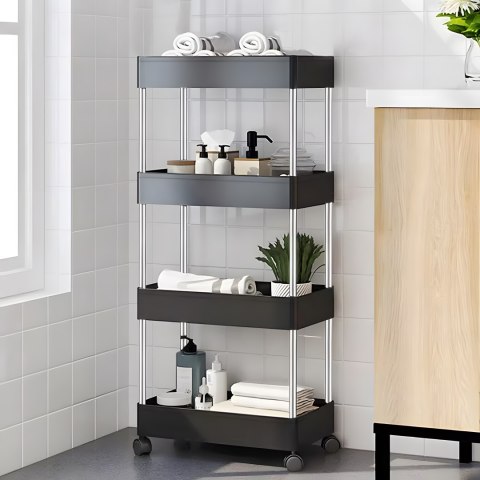 Plastikowy regał łazienkowy z 4 półkami kółka czarny ModernHome Plastikowy regał łazienkowy z 4 półkami kółka czarny ModernHome