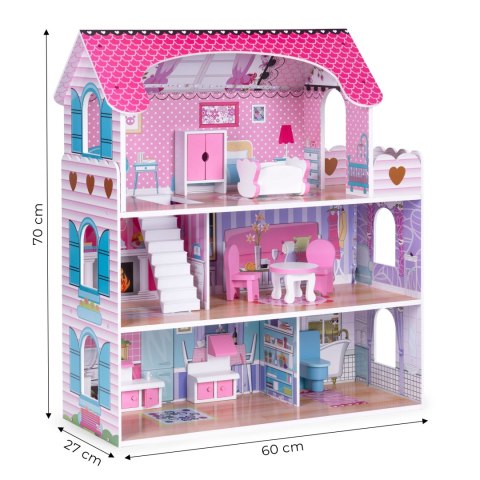 Drewniany domek dla lalek z oświetleniem LED + zestaw mebelków ECOTOYS Drewniany domek dla lalek z oświetleniem LED + zestaw mebelków ECOTOYS