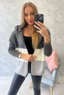 Sweter z kapturem trzykolorowy grafitowy+ecru+szary