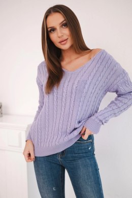 Sweter pleciony z dekoltem V fioletowa