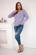 Sweter pleciony z dekoltem V fioletowa