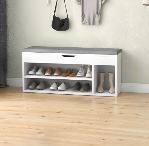 Szafka na buty z szarą poduszką i otwieranym siedziskiem 3 półki biała Szafka na buty z szarą poduszką i otwieranym siedziskiem 3 półki biała