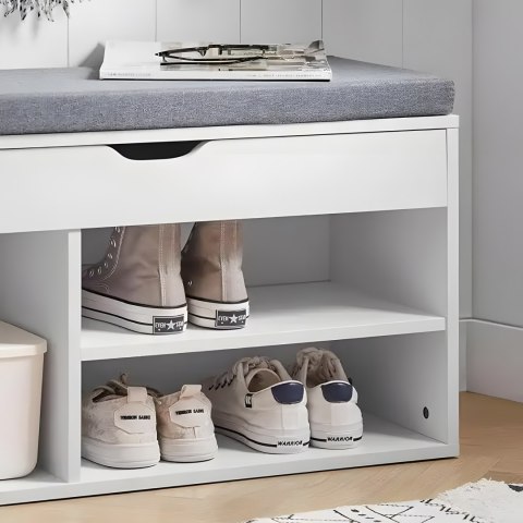 Szafka na buty z szarą poduszką i otwieranym siedziskiem 3 półki biała Szafka na buty z szarą poduszką i otwieranym siedziskiem 3 półki biała