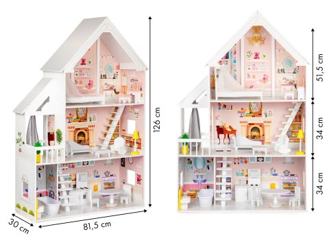 Domek dla lalek drewniany 3 piętra XXL Rezydencja Pudrowa ECOTOYS Domek dla lalek drewniany 3 piętra XXL Rezydencja Pudrowa ECOTOYS