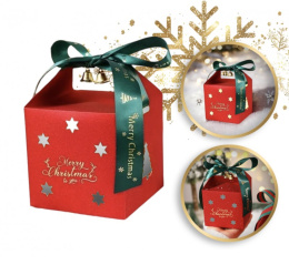 Pudełko PREZENTOWE ozdobne czerwone, MERRY CHRISTMAS z kokardą 10x10x10 cm