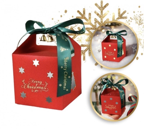 Pudełko PREZENTOWE ozdobne czerwone, MERRY CHRISTMAS z kokardą 10x10x10 cm