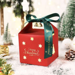 Pudełko PREZENTOWE ozdobne czerwone, MERRY CHRISTMAS z kokardą 10x10x10 cm