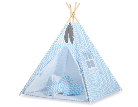 Namiot TIPI dla dzieci + mata + poduszki + zawieszki pióra - Chevron niebieski Namiot TIPI dla dzieci + mata + poduszki + zawieszki pióra - Chevron niebieski