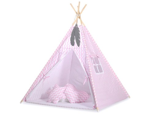 Namiot TIPI dla dzieci + mata + poduszki + zawieszki pióra - Chevron różowy Namiot TIPI dla dzieci + mata + poduszki + zawieszki pióra - Chevron różowy