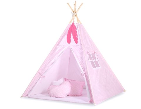 Namiot TIPI dla dzieci +mata + zawieszki pióra - Białe grochy na różu Namiot TIPI dla dzieci +mata + zawieszki pióra - Białe grochy na różu
