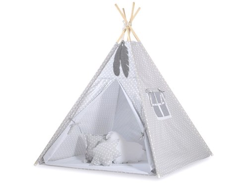 Namiot TIPI dla dzieci +mata + zawieszki pióra - Białe grochy na szarym Namiot TIPI dla dzieci +mata + zawieszki pióra - Białe grochy na szarym