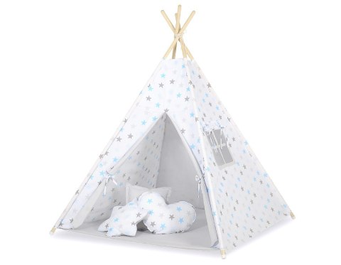 Namiot Tipi dla dzieci + zawieszki pióra - Gwiazdy szaro-niebieskie/szary Namiot Tipi dla dzieci + zawieszki pióra - Gwiazdy szaro-niebieskie/szary