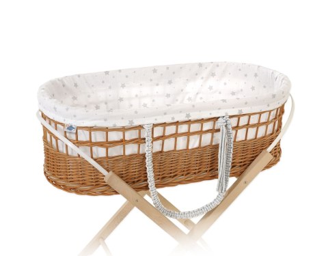 Kosz mojżesza BOHO wiklinowy z wyściółką bawełnianą - mini gwiazdki szare Kosz mojżesza BOHO wiklinowy z wyściółką bawełnianą - mini gwiazdki szare