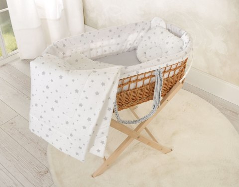Kosz mojżesza BOHO wiklinowy z wyściółką bawełnianą - mini gwiazdki szare Kosz mojżesza BOHO wiklinowy z wyściółką bawełnianą - mini gwiazdki szare