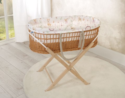 Kosz mojżesza BOHO wiklinowy ze stojakiem z wyściółką bawełnianą - leśna delikatność Kosz mojżesza BOHO wiklinowy ze stojakiem z wyściółką bawełnianą - leśna delikatność