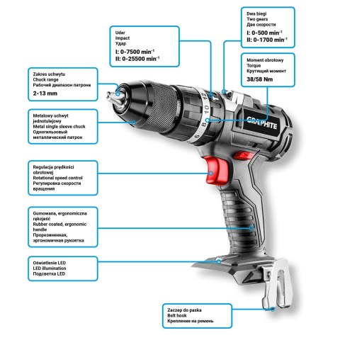 Wiertarko-wkrętarka akumulatorowa bezszczotkowa z udarem Energy+ 18V, Li-Ion, 13 mm, bez akumulatora Wiertarko-wkrętarka akumulatorowa bezszczotkowa z udarem Energy+ 18V, Li-Ion, 13 mm, bez akumulatora