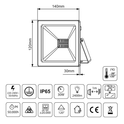 Naświetlacz LED Maclean, slim, 30W, Warm White (3000K), IP65, PREMIUM, MCE530 WW Naświetlacz LED Maclean, slim, 30W, Warm White (3000K), IP65, PREMIUM, MCE530 WW