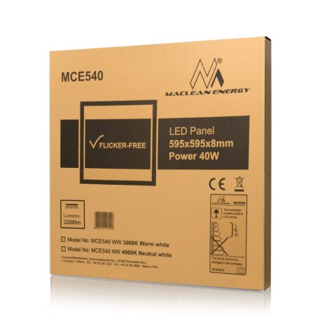 Panel LED Maclean, Sufitowy, slim 40W, Warm White (3000K), 595x595x8mm, raster, funkcja FLICKER-FREE, MCE540 Panel LED Maclean, Sufitowy, slim 40W, Warm White (3000K), 595x595x8mm, raster, funkcja FLICKER-FREE, MCE540