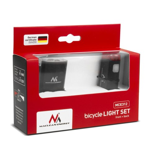 Oświetlenie rowerowe LED Maclean, przód+tył, 2 tryby, wbudowany akumulator, 1500mAh, tył 2xAAA, certyfikat StVZO, MCE312 Oświetlenie rowerowe LED Maclean, przód+tył, 2 tryby, wbudowany akumulator, 1500mAh, tył 2xAAA, certyfikat StVZO, MCE312