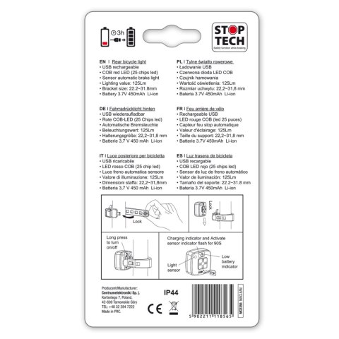 Lampka LED Maclean, Rowerowa tylna, Sensor zmierzchu, USB AUTO STOP COB, Max.125lm, Acu 450mAh, MCE355 Lampka LED Maclean, Rowerowa tylna, Sensor zmierzchu, USB AUTO STOP COB, Max.125lm, Acu 450mAh, MCE355