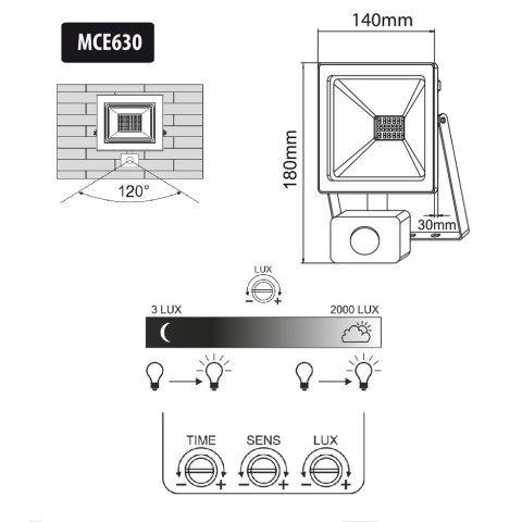 Naświetlacz LED z czujnikiem ruchu Maclean, slim 30W, 2400lm, barwa ciepła biała (3000K), IP44, MCE630 WW PIR Naświetlacz LED z czujnikiem ruchu Maclean, slim 30W, 2400lm, barwa ciepła biała (3000K), IP44, MCE630 WW PIR