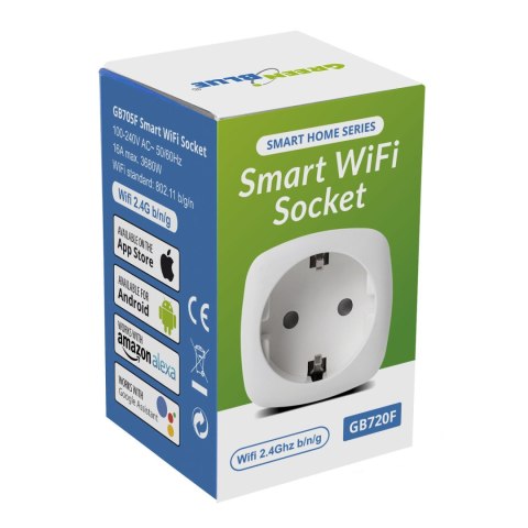 Zdalnie sterowane gniazdko WiFi GreenBlue, Android/iOS/Alexa/Google Home, zuż. energii, timer, max 3680W, typ F, GB720 F Zdalnie sterowane gniazdko WiFi GreenBlue, Android/iOS/Alexa/Google Home, zuż. energii, timer, max 3680W, typ F, GB720 F