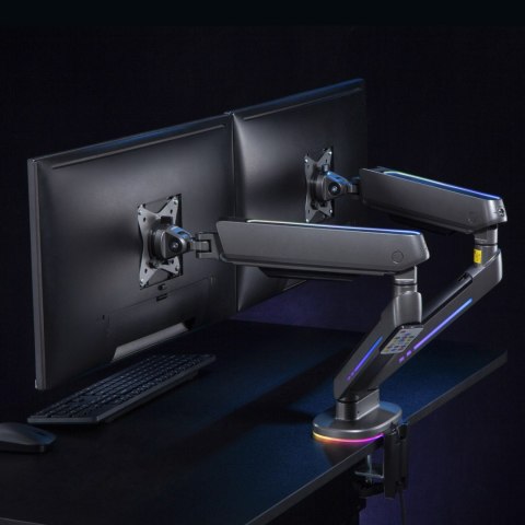 Uchwyt na dwa monitory gamingowy NanoRS, podświetlenie LED RGB, 17-32", max. 9kg, VESA 75x75 / 100x100, RS166 Uchwyt na dwa monitory gamingowy NanoRS, podświetlenie LED RGB, 17-32", max. 9kg, VESA 75x75 / 100x100, RS166