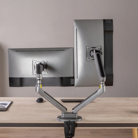 Uchwyt na dwa monitory gamingowy NanoRS, podświetlenie LED RGB, 17-32", max. 9kg, VESA 75x75 / 100x100, RS166 Uchwyt na dwa monitory gamingowy NanoRS, podświetlenie LED RGB, 17-32", max. 9kg, VESA 75x75 / 100x100, RS166