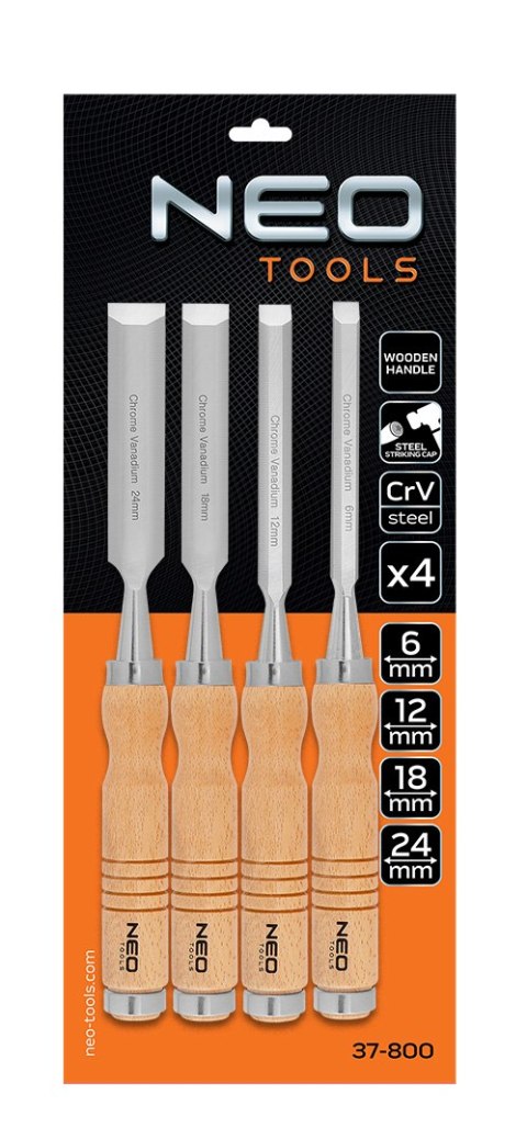 Dłuta 6, 12, 18, 24 mm, zestaw 4 szt. Uchwyt drewniany Dłuta 6, 12, 18, 24 mm, zestaw 4 szt. Uchwyt drewniany