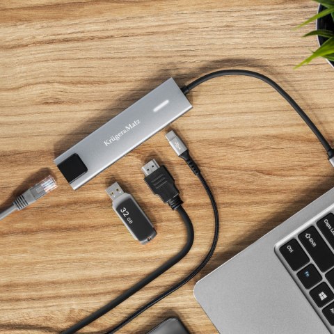 Adapter (HUB) USB typu C na HDMI/2x USB3.0/2x USB typu C/RJ45 Adapter (HUB) USB typu C na HDMI/2x USB3.0/2x USB typu C/RJ45
