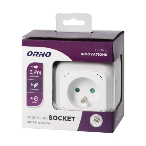 Przedłużacz 4 krotny 2P+Z, ładowarka 2xUSB, 1,4m H05VV-F 3x1mm2, biały Przedłużacz 4 krotny 2P+Z, ładowarka 2xUSB, 1,4m H05VV-F 3x1mm2, biały