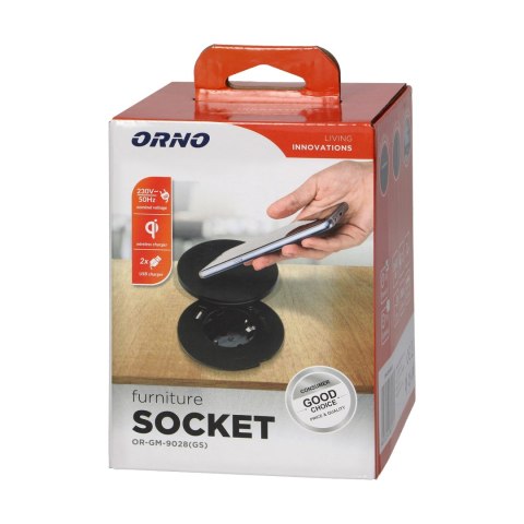 Gniazdo meblowe ?6cm z rotacyjną pokrywą, ładowarką indukcyjną, ładowarką USB i przewodem 1,5m, 1x2P+Z (Schuko), Qi 1.2.4 max. 1 Gniazdo meblowe ?6cm z rotacyjną pokrywą, ładowarką indukcyjną, ładowarką USB i przewodem 1,5m, 1x2P+Z (Schuko), Qi 1.2.4 max. 1
