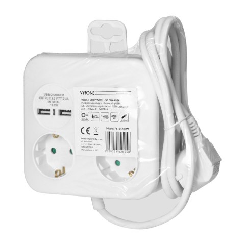 Kwadratowa listwa zasilająca z ładowarką USB 3x2P+Z (Schuko), 2xUSB-A, kabel 3x1,5mm2, 1,4m Kwadratowa listwa zasilająca z ładowarką USB 3x2P+Z (Schuko), 2xUSB-A, kabel 3x1,5mm2, 1,4m