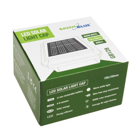 Lampa solarna LED na słupek GreenBlue, 100x100mm, daszek kopertowy, GB128 Lampa solarna LED na słupek GreenBlue, 100x100mm, daszek kopertowy, GB128