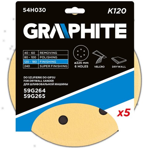 Papier ścierny na rzep 225 mm, K120, 5 szt., z 6 otworami do szlifierki 59G264, 59G265 Papier ścierny na rzep 225 mm, K120, 5 szt., z 6 otworami do szlifierki 59G264, 59G265