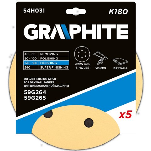 Papier ścierny na rzep 225 mm, K180, 5 szt., z 6 otworami do szlifierki 59G264, 59G265 Papier ścierny na rzep 225 mm, K180, 5 szt., z 6 otworami do szlifierki 59G264, 59G265