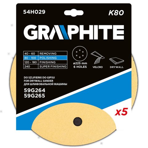Papier ścierny na rzep 225 mm, K80, 5 szt., z 6 otworami do szlifierki 59G264, 59G265 Papier ścierny na rzep 225 mm, K80, 5 szt., z 6 otworami do szlifierki 59G264, 59G265