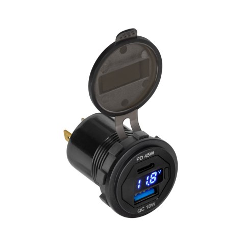 Ładowarka samochodowa USB+USB typu C z funkcją Quick Charge, Power Delivery i miernikiem napięcia 63W Ładowarka samochodowa USB+USB typu C z funkcją Quick Charge, Power Delivery i miernikiem napięcia 63W
