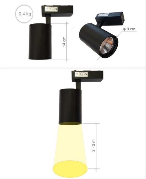 Lampa sklepowa led reflektor szynowy jednofazowy czarny 30w 2250 lm światło neutralne 4000k Lampa sklepowa led reflektor szynowy jednofazowy czarny 30w 2250 lm światło neutralne 4000k