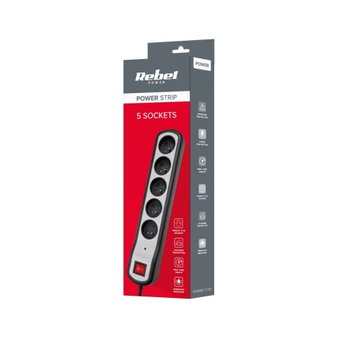 Listwa zasilająca Rebel 5 gniazd z przełącznikiem (3m, 3x1,5mm) Listwa zasilająca Rebel 5 gniazd z przełącznikiem (3m, 3x1,5mm)