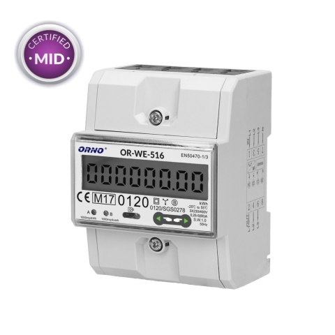 3-fazowy licznik energii elektrycznej, 80A, port RS-485, MID, 3 moduły, DIN TH-35mm 3-fazowy licznik energii elektrycznej, 80A, port RS-485, MID, 3 moduły, DIN TH-35mm