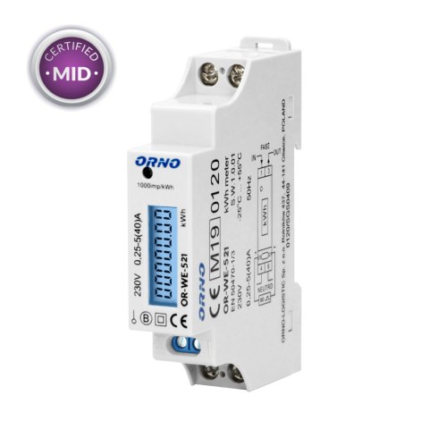 1-fazowy licznik energii elektrycznej, 40A, MID, wyjście impulsowe, podświetlenie, 1 moduł, DIN TH-35mm 1-fazowy licznik energii elektrycznej, 40A, MID, wyjście impulsowe, podświetlenie, 1 moduł, DIN TH-35mm