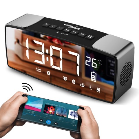 Radiobudzik bluetooth GreenBlue, FM, aux-in, 6W, temperatura, alarm, zegar, akumulator 2200mAh, GB200 Radiobudzik bluetooth GreenBlue, FM, aux-in, 6W, temperatura, alarm, zegar, akumulator 2200mAh, GB200