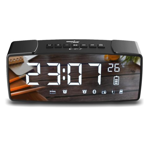 Radiobudzik bluetooth GreenBlue, FM, aux-in, 6W, temperatura, alarm, zegar, akumulator 2200mAh, GB200 Radiobudzik bluetooth GreenBlue, FM, aux-in, 6W, temperatura, alarm, zegar, akumulator 2200mAh, GB200