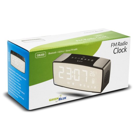 Radiobudzik bluetooth GreenBlue, FM, aux-in, 6W, temperatura, alarm, zegar, akumulator 2200mAh, GB200 Radiobudzik bluetooth GreenBlue, FM, aux-in, 6W, temperatura, alarm, zegar, akumulator 2200mAh, GB200