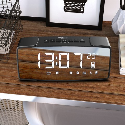 Radiobudzik bluetooth GreenBlue, FM, aux-in, 6W, temperatura, alarm, zegar, akumulator 2200mAh, GB200 Radiobudzik bluetooth GreenBlue, FM, aux-in, 6W, temperatura, alarm, zegar, akumulator 2200mAh, GB200